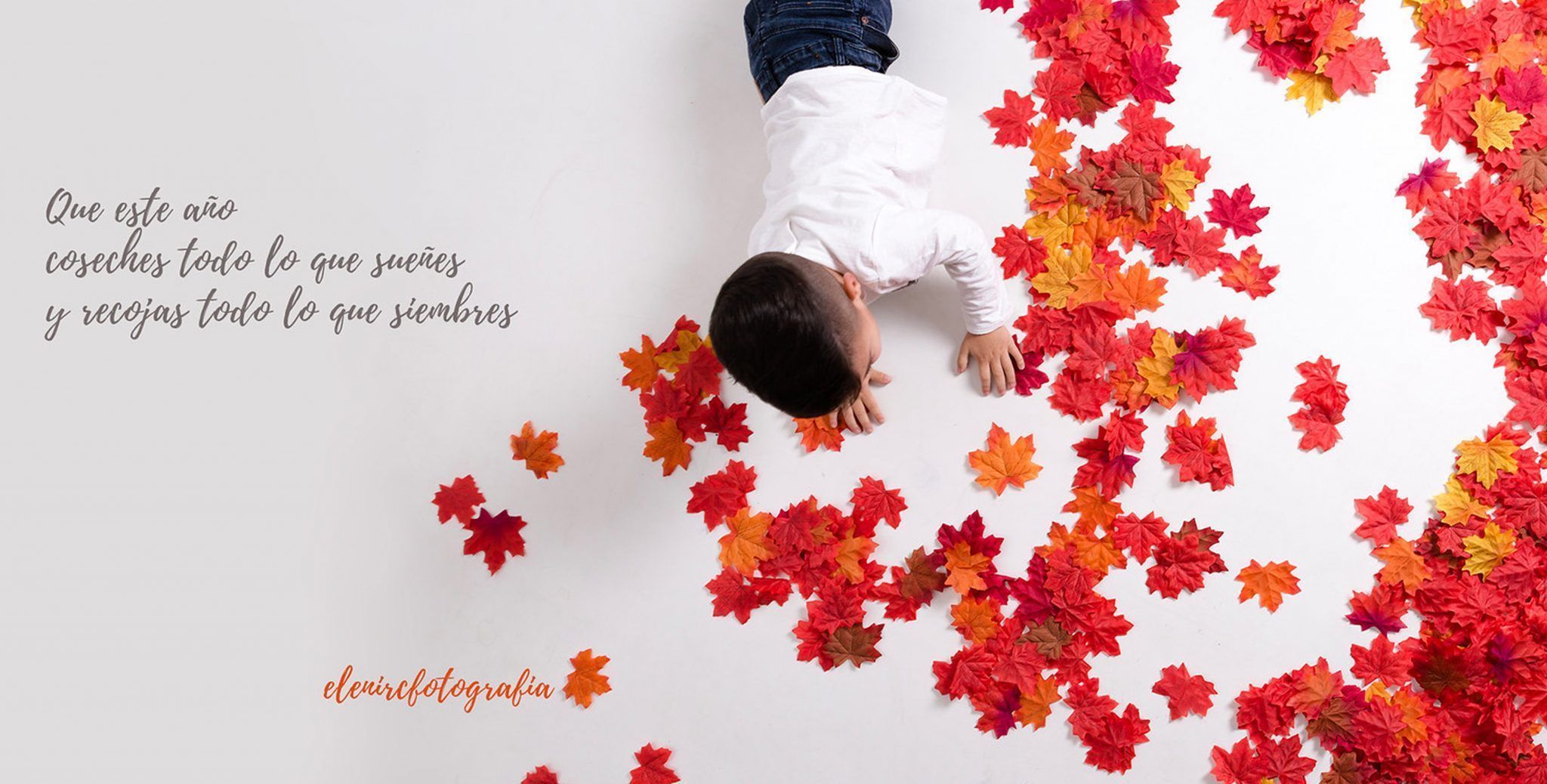 Que los Reyes Magos te traigan tus mejores deseos. Foto estudio de un niño jugando con hojas por Elena Rubio fotografa infantil en Barcelona para elenircfografia