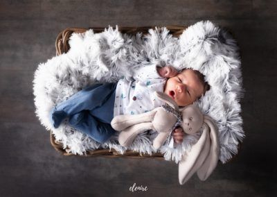 Creciendo con pablo, cada día. Sesión de fotos newborn Bebé en una canasta abrazado a un peluche fotografía de recién nacido Elenirc
