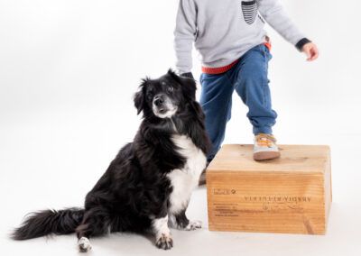 tiempo juntos fotografia de famila en estudio por Elena Rubio fotógrafa de niño con perro en Mollet del Vallès Barcelona.