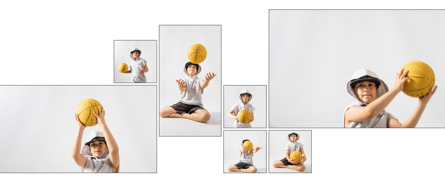 Niño jugando con un balón durante una sesión de fotografía deportiva infantil en estudio