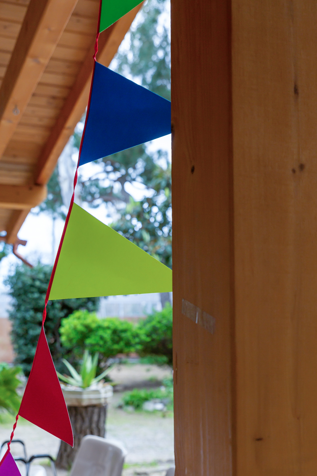 banderines de colores decorando una fiesta de cumpleaños en exterior